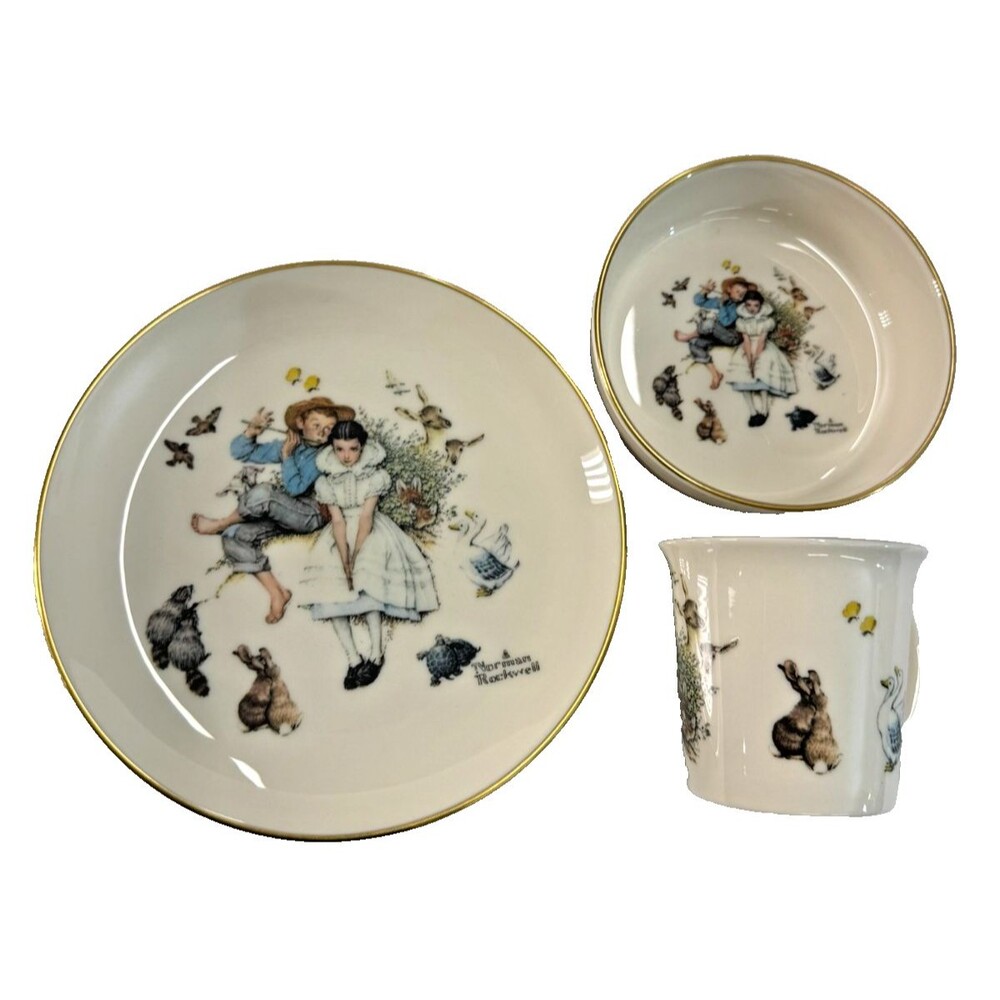 Gorham Rockwell 3 pc Child China Set - Spring Duet - Plate, Cup, Bowl - Orig Box